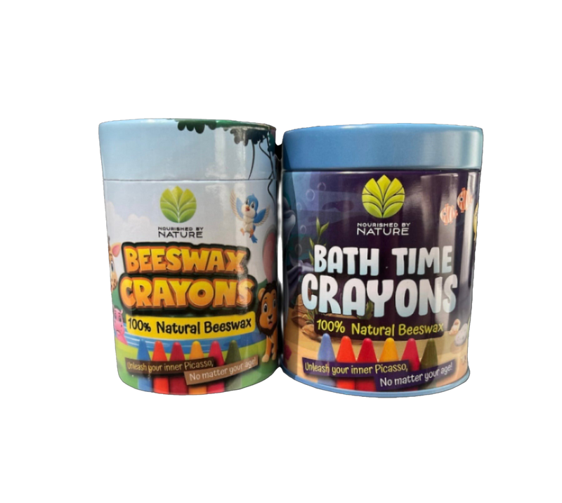 Eco-friendly crayon bundle for kids featuring non-toxic beeswax bath crayons and extra thick colouring crayons in recyclable packaging