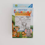 Packaging of Seek n Spot colouring mat featuring safari animals theme