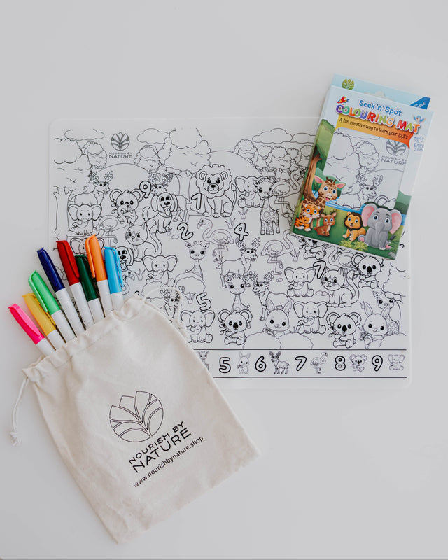 Seek n Spot silicone colouring mat with safari animals like lions, elephants, and giraffes