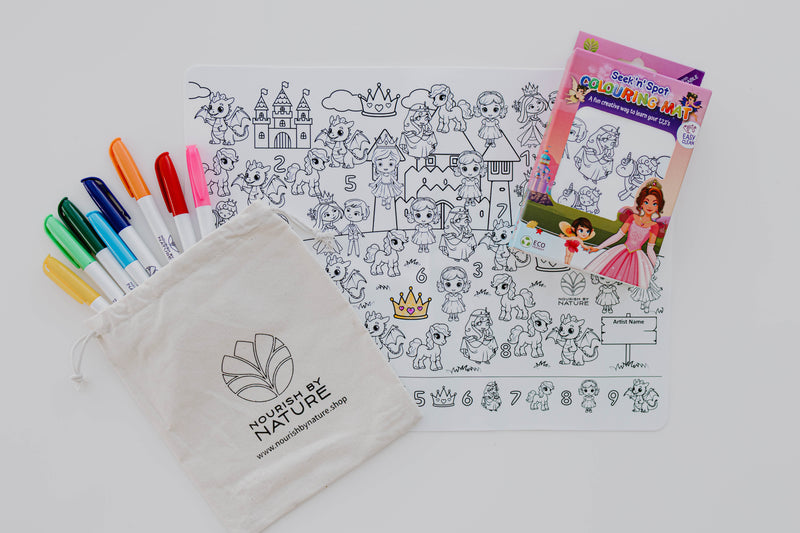 Seek n Spot silicone colouring mat featuring princesses and fairies for kids