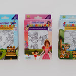 Flat lay of Seek n Spot colouring mats showing trucks and diggers, animal safari, and princess themes